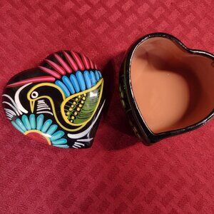Hand Painted Heart Shaped Clay Keepsake Box with Flowers and Bird